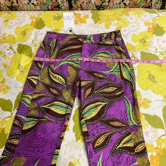 Zara Linen High Waisted Hi Rise Flare Patterned Pants Small - Picture 11 of 14